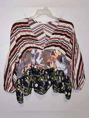 Bucket List Boho Patchwork Peplum Top Festival Floral Stripe Blouse Size Small